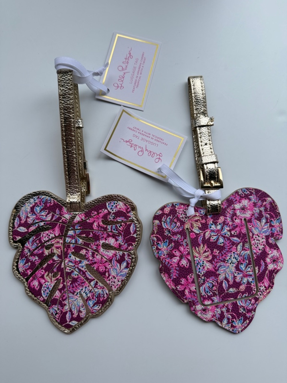 Lilly Pulitzer Pink Floral Leaf Luggage Tags with Gold Straps (Set of 2)
